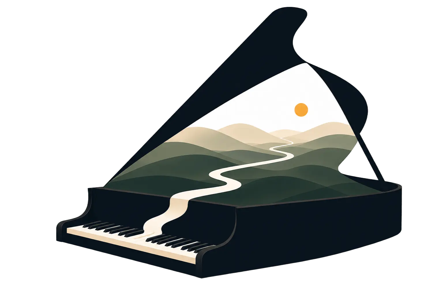 Illustration d'un piano à queue dont le clavier se prolonge en un chemin traversant un paysage, symbole des cours de piano à domicile.